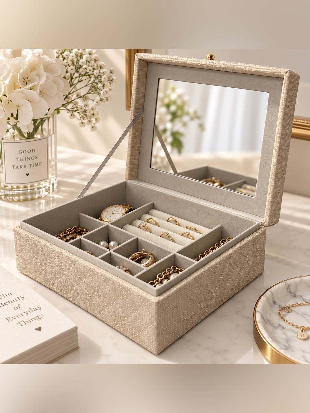 Linen-Effect Beige Jewelry Organizer Box with Mirror
